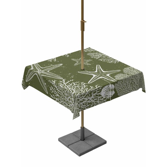 Outdoor Tablecloths with Umbrella Hole & Zipper, Sage Green Coastal 60x60 Inch Square Tablecloths, Starfish Coral Summer Beach Ocean Waterproof Table Cloth, Patio/Pool/Picnic Table Covers