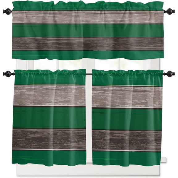 Kitchen Curtains Valance and Tiers 3 Piece Set, Retro Farmhouse Barn Forest Green Brown Wood Grain Short Window Treatments Rod Pocket Tier and Valance for Cafe Laundry Room Bathroom 24-Inch Tier Set