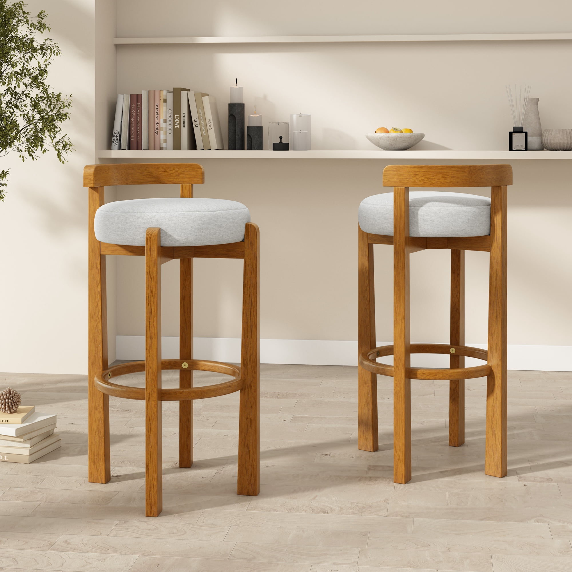 Christopher Knight Home Rustic Upholstered Bar Stools with Round Backs, Solid Wood Frame, Ivory, Set of 2