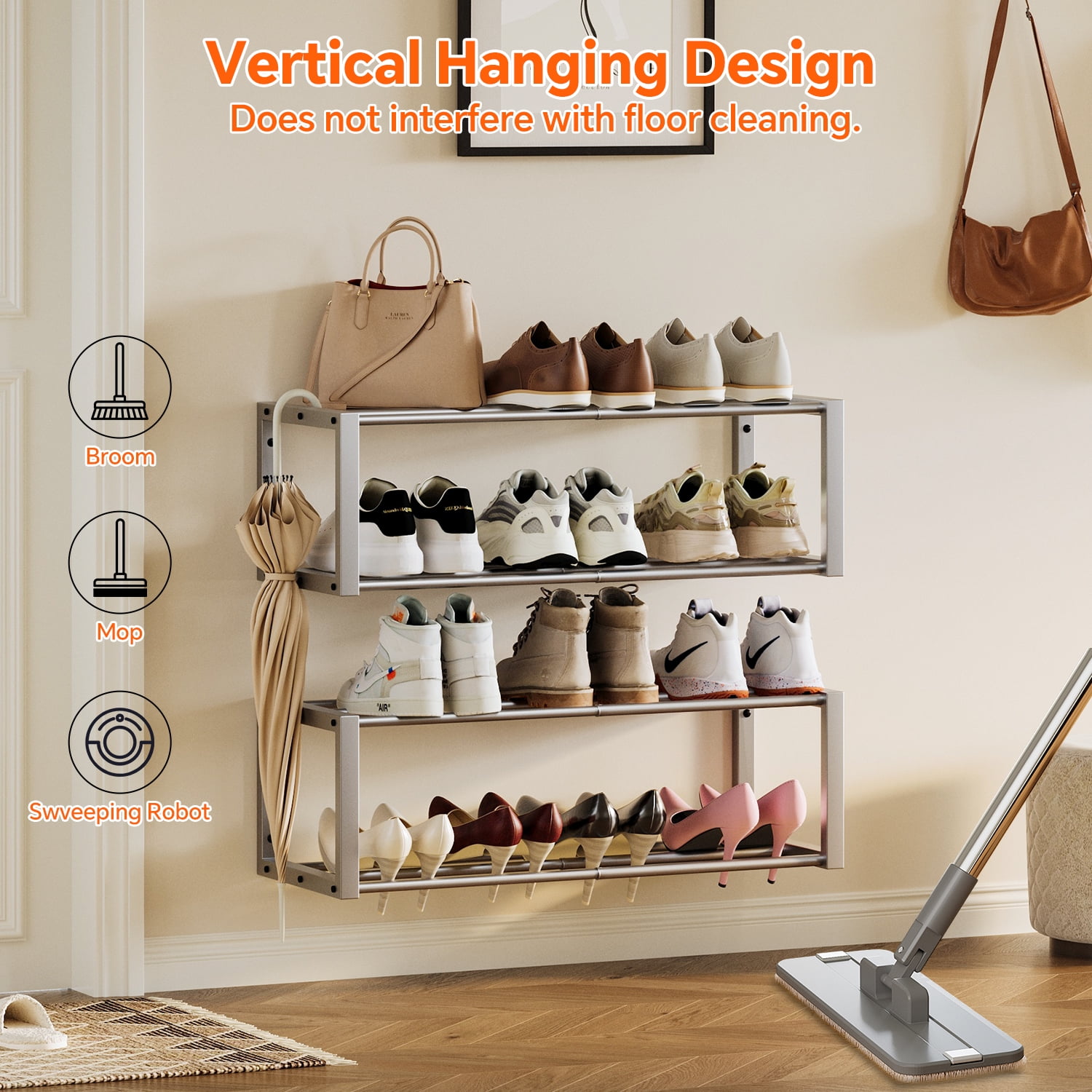 Hanging Shoe Organizer,2 Pack Wall Mounted Shoe Rack Holds 12 Pairs,Space Saving Metal Wall Shoe Rack,Hanging Shoe Rack Shoe Holder for Small Space,Entryway,Closet,RV,Camper（Sliver)