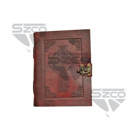 SCZO 5x7 Inch Celtic Cross Leather Journal with Lock, Handmade Writing Notebook with Closure & Embossed Cover