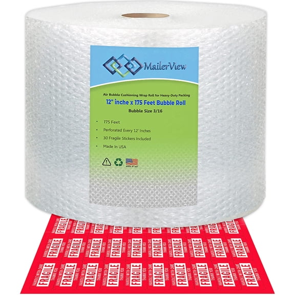 Mailerview Air Bubble Cushioning Wrap Roll 12 Inch x 175 Feet (30 Fragile Stickers Included)