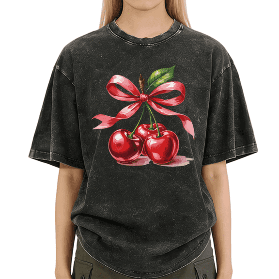 Black Wash Print Tshirt Juicy Cherry Casual Weekend Graphic Tees S-2XL Tops