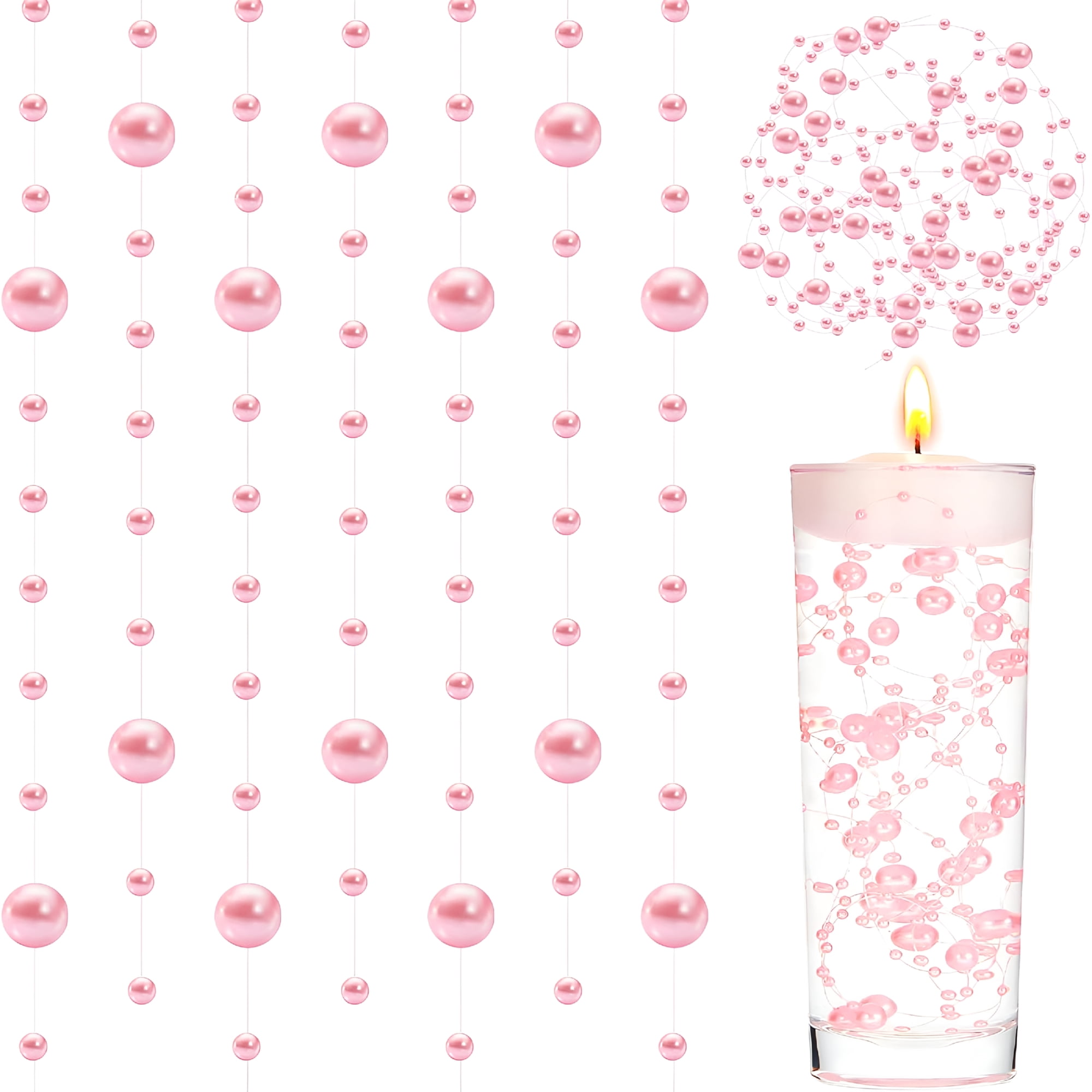 XIBUFE 24 Pcs Artificial Pearl String for Floating Candle Faux Pearls Beads String Garland Centerpiece Decoration for Vases Filler Wedding Spring Holiday Party Decor(Pink)