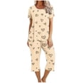 thumbnail image 1 of Offres du Jour Liquidation Iumwxz Pyjamas Doux Tendance Ensembles Assortis Pyjamas pour Femmes Imprimé Cœur Col Rond Manches Courtes Taille Élastique Pantalons Raccourcis Ensembles pour Femmes Vêtements d'Extérieur, 1 of 4