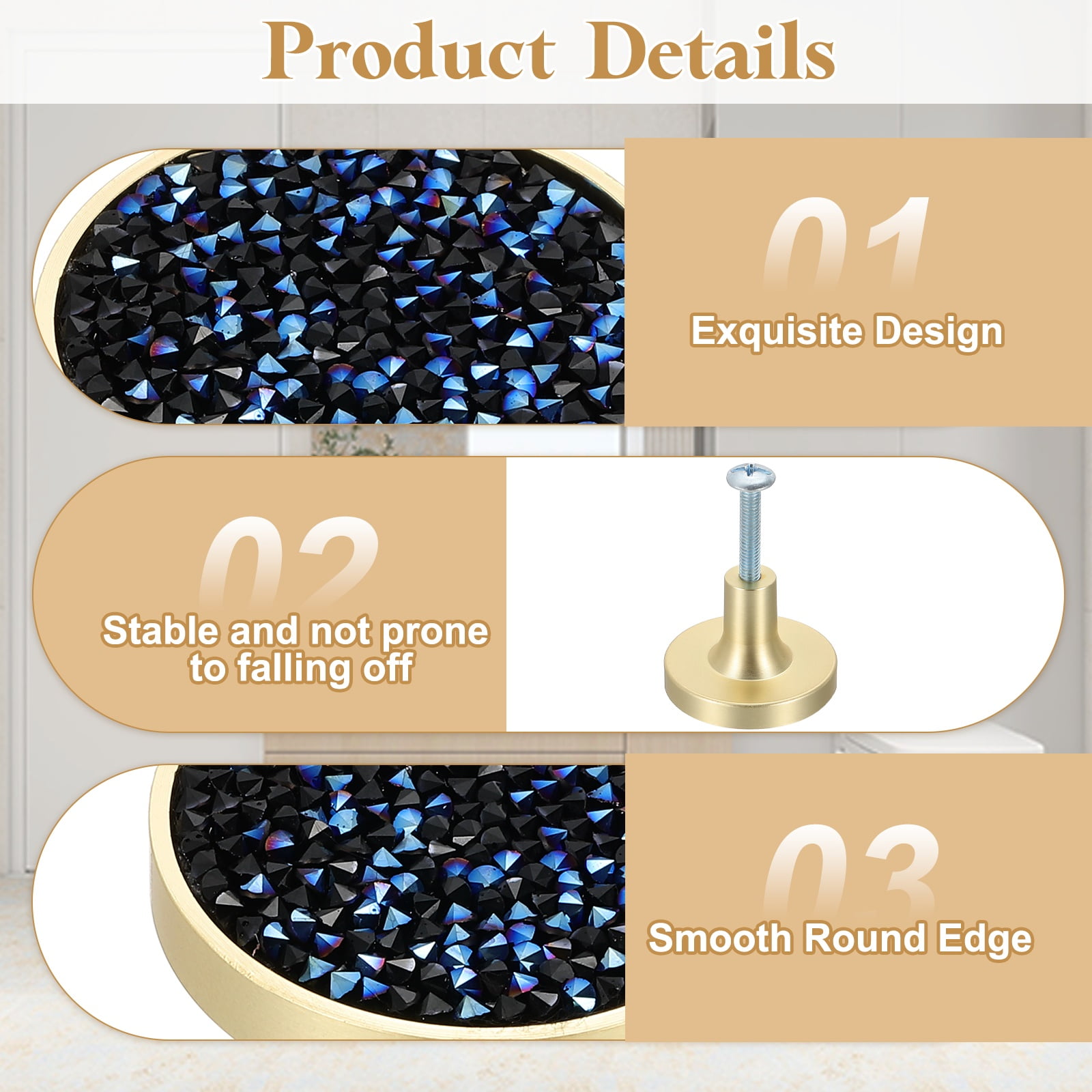6Pack Gold Cabinet Knobs 1-1/4" Round Knobs Cabinet Handles, Diamond Blue