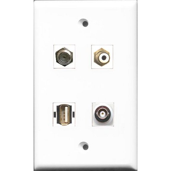 RiteAV 1 Port RCA White and 1 Port Coax Cable TV- F-Type and 1 Port USB A-A and 1 Port BNC Wall Plate