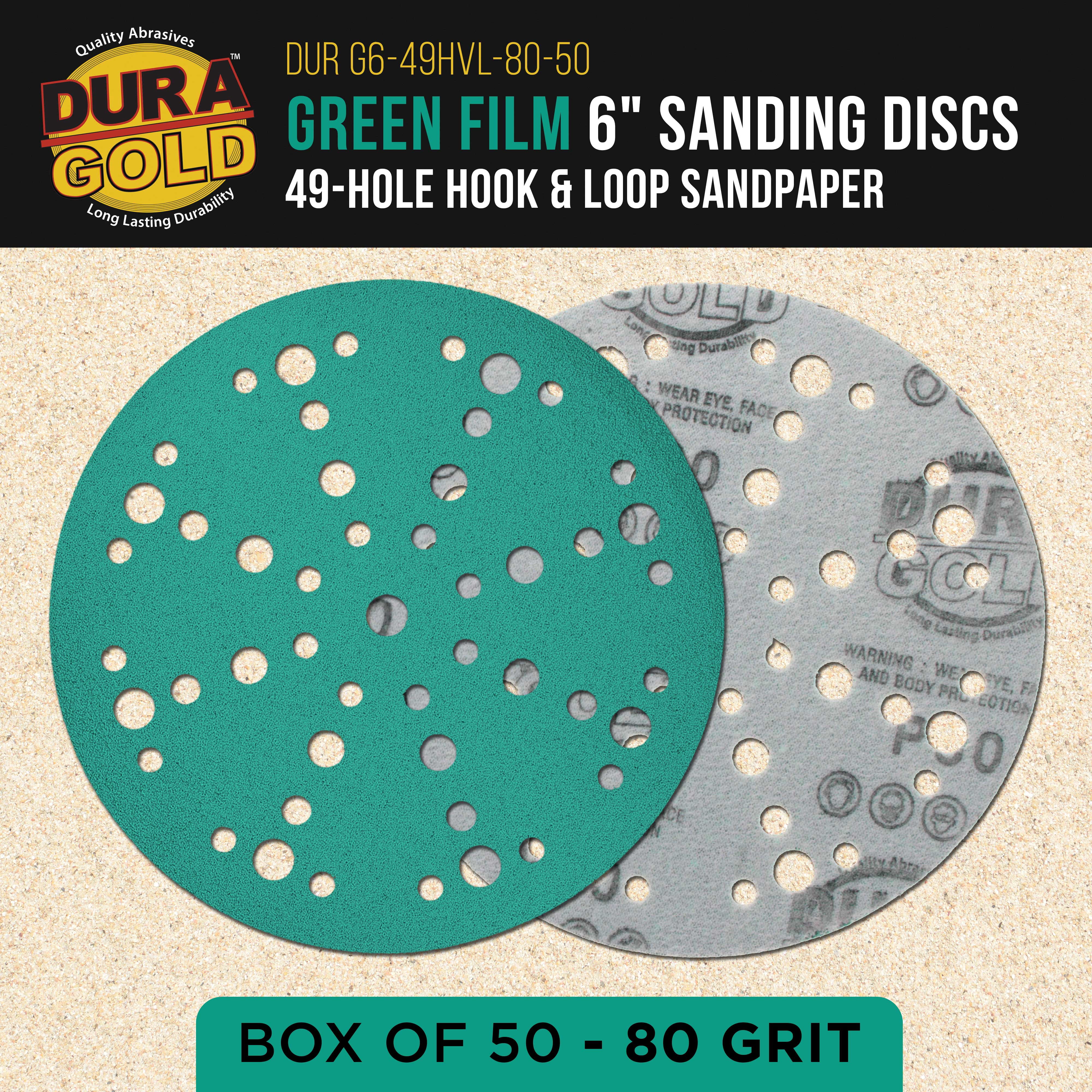 Dura-Gold Premium 80 Grit 6" Green Film Sanding Discs, 49-Hole Pattern, Box of 50 - Heavy-Duty Dustless Hook & Loop Backing Sandpaper for DA & Random Orbital Sanders, Sand Auto Paint, Wood Furniture