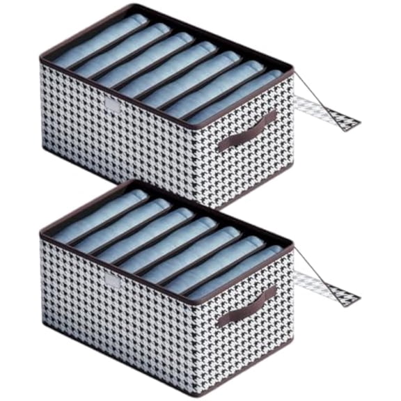 Foldable Jeans Organizer for Closet - Built-in PP board, 6 Compartments Stackable Storage Space Saving Closet Organizer for Pants, Sweaters, T-Shirts (7 intervals,2pcs with lid)