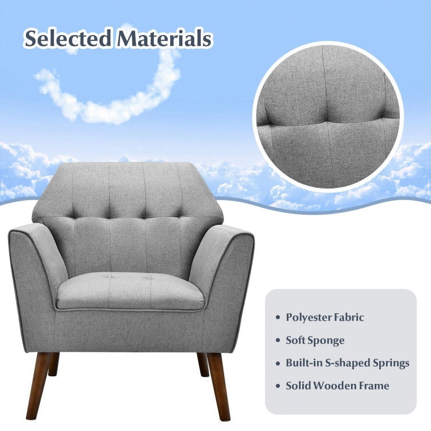 Finihen Upholstered Accent Armchair, Modern Tufted Fabric Accent Chair with Rubber Wood Legs, for Living Room, Bedroom, Gray