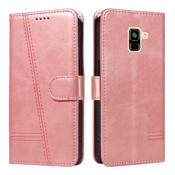 Flip Case for Samsung Galaxy A6 2018, 360 Degree Protection Shockproof PU Leather Wallet Phone Cover, Kickstand and 3 Card Slots, Rose Gold