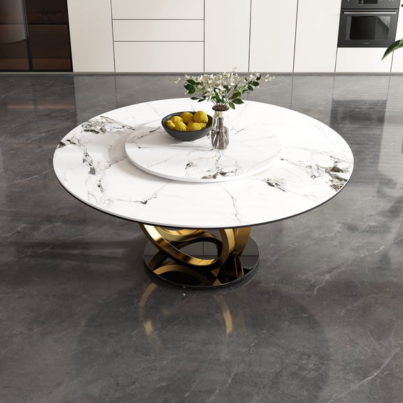 Montary 53" Modern Round Dining Table for 4-8 Seat, Artificial Marble Dining Room Table with Lazy Susan, 3 Gold Circles Stainless Steel Base, Sintered Stone Top Dining Table (Only Table)