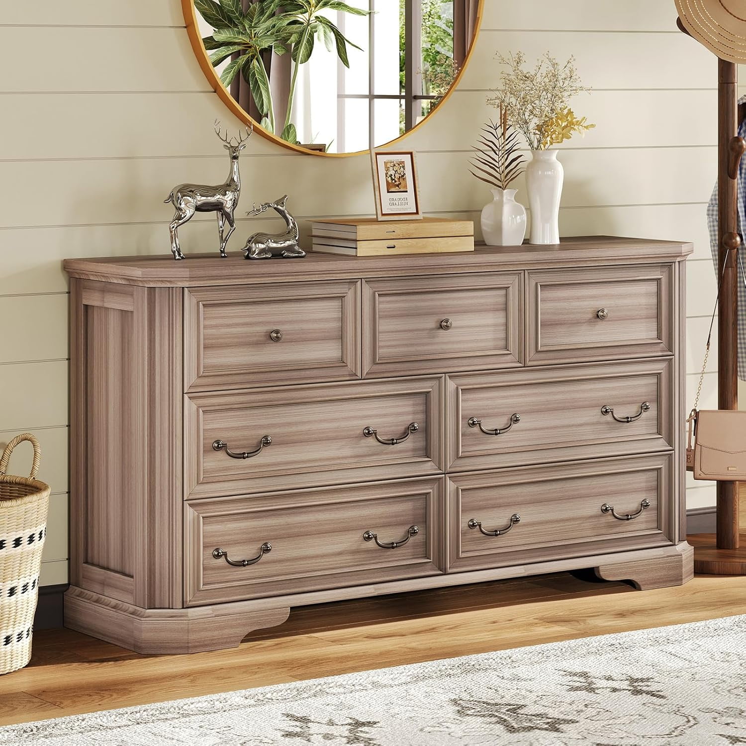 VANACC Farmhouse 54" Wide 7 Drawers Dresser for Bedroom, Wood Rustic Chest of Drawers, Closet, Hallway, Grey Walnut