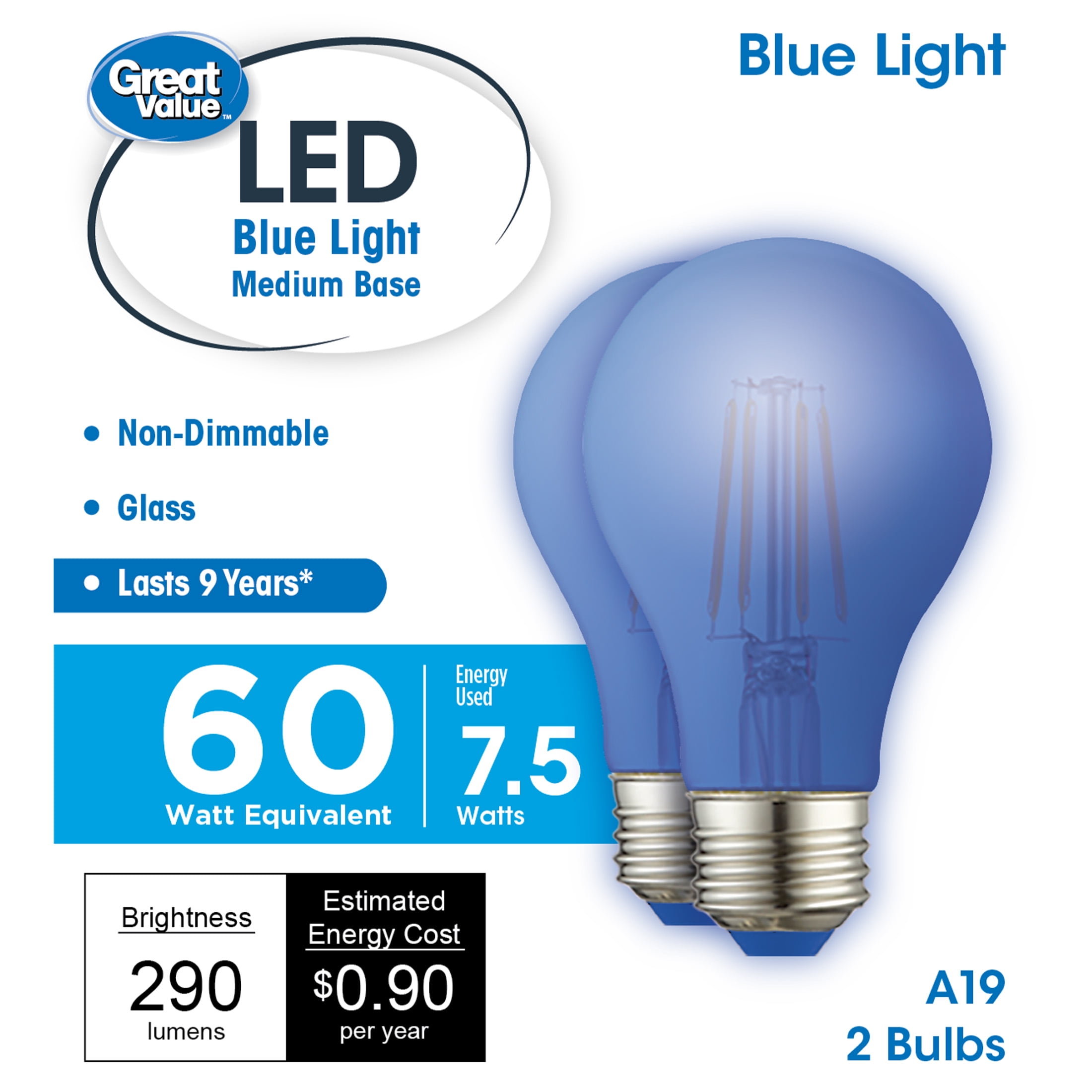 Great Value LED Light Bulb, 7.5 Watts (60W Equivalent) A19 Lamp E26 Medium Base, Non-dimmable, Blue, 2-Pack