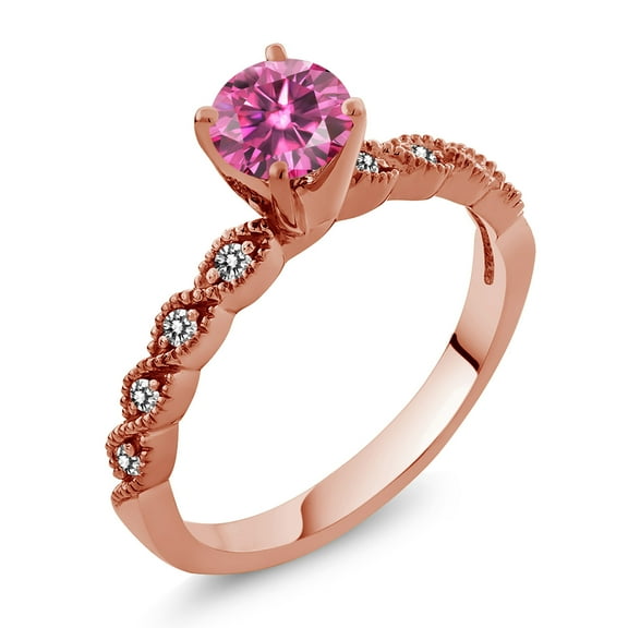 Gem Stone King 18K Rose Gold Plated Silver Ring Round Pink Moissanite and Diamond White (0.94 Cttw, Size 8)