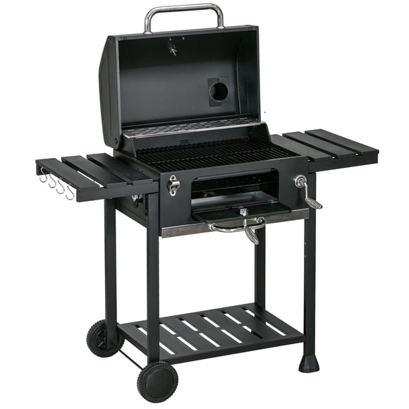 Fumoir de Barbecue au Charbon Noir avec Couvercle et Thermomètre, Chariot de Barbecue en Acier Galvanisé avec Poêle Réglable, Tablettes Latérales et Rangement, 47.2 Pouces L x 25.2 Pouces L x 44.9 Pouces H, Patio