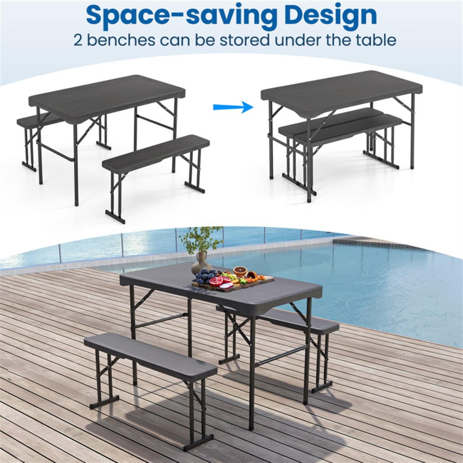 Demi Bonn Outdoor Folding Table Bench Set with All-Weather HDPE Tabletop and Sturdy Metal Frame for Parties Wedding BBQ Camping, Black