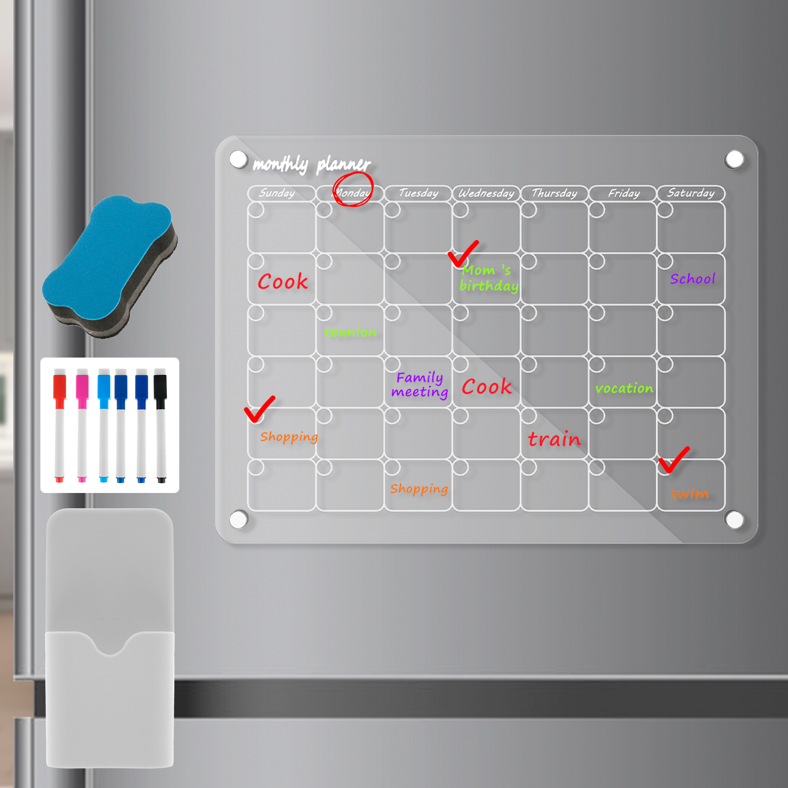JTWEEN Acrylic Transparent Magnetic Calendar 11.8"x17.75" Acrylic Calendar Dry Erase Board Clear Fridge Weekly/Monthly Planner Magnetic Acrylic (Monthly)