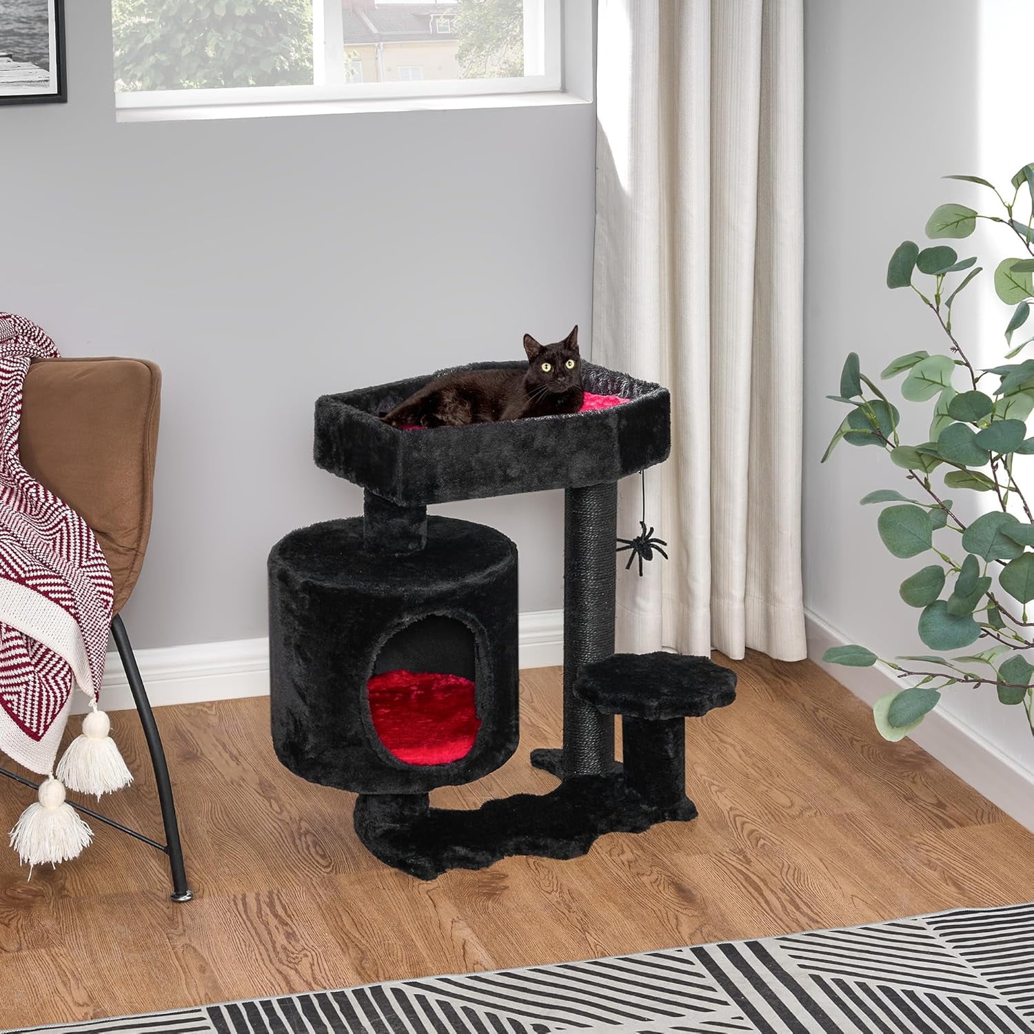 Gothic Cat Tree with Coffin Bed Goth Cat Tower Coffin Cat Tree Cat Condo with Cat Scratching Post, Spider Hanging Ball Black Red Halloween Kitten Pet Furniture