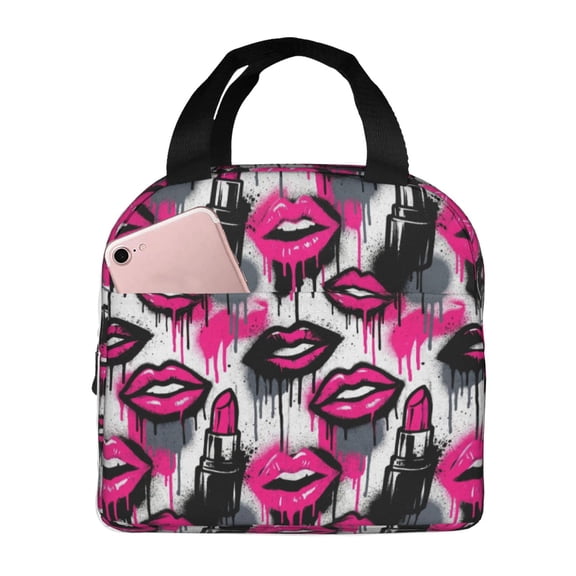 Lips Lunch Bag Stylish Red Kiss Print Insulated Lunch Box For Women Men Reusable Cooler Tote With Front Pocket Handheld Meal Prep Bag For Work Office Daily