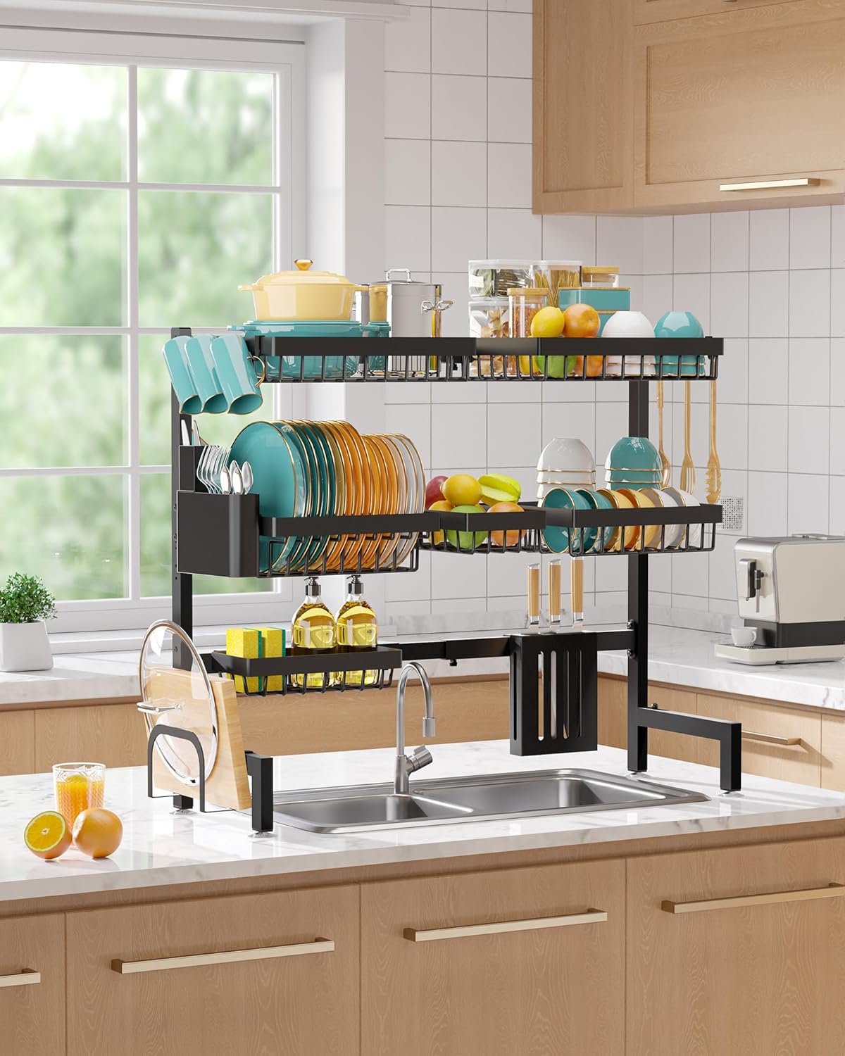 Over The Sink Dish Drying Rack - Adjustable 2 Tier X-Large Capacity Stainless Steel Drainer with Cutlery & Utensil Holders, Kitchen Storage & Organization