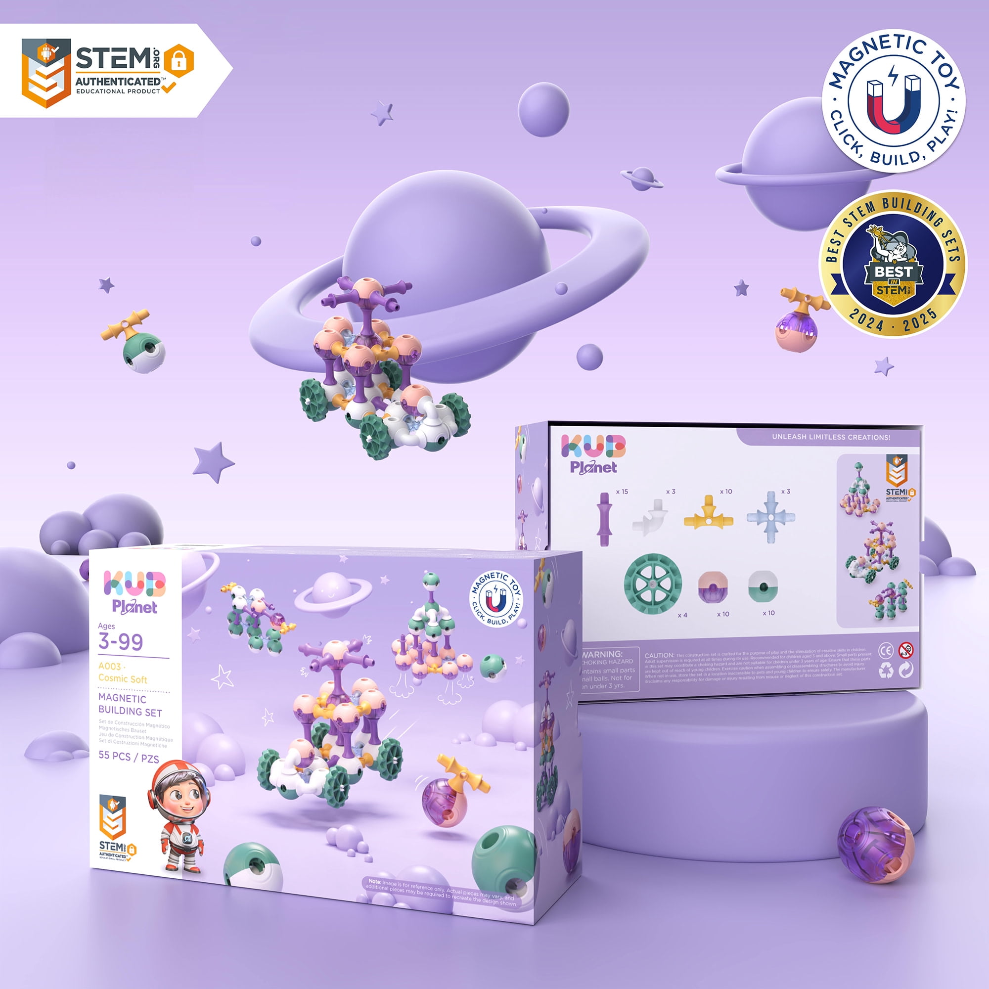 KUB Planet: Magnetic Building Set - Cosmic Soft - 55pc Space Color Construction Blocks, Click-Build-Play, STEM Educational Stacking Toy, Kids 3+