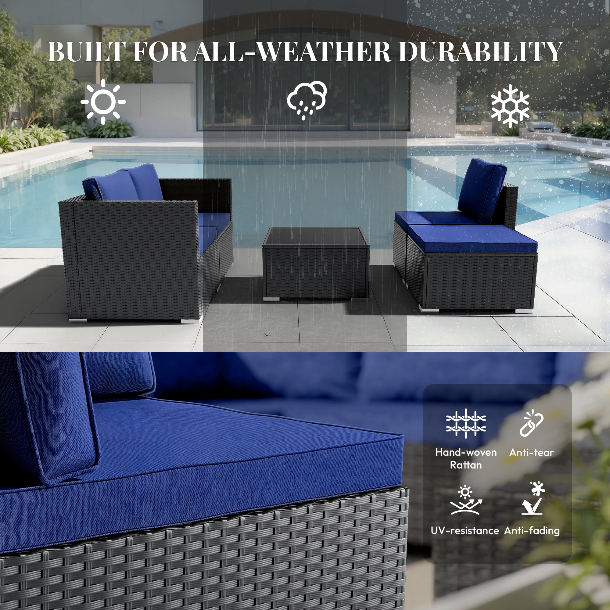 Patio Furniture Set 5 Piece - Wide Armrests - All-Weather Wicker Rattan Outdoor Patio Conversation Couch Sets, Modular Sectional Sofa for Garden, Patio, Poolside, Backyard, Balcony, Porch,Navy Blue