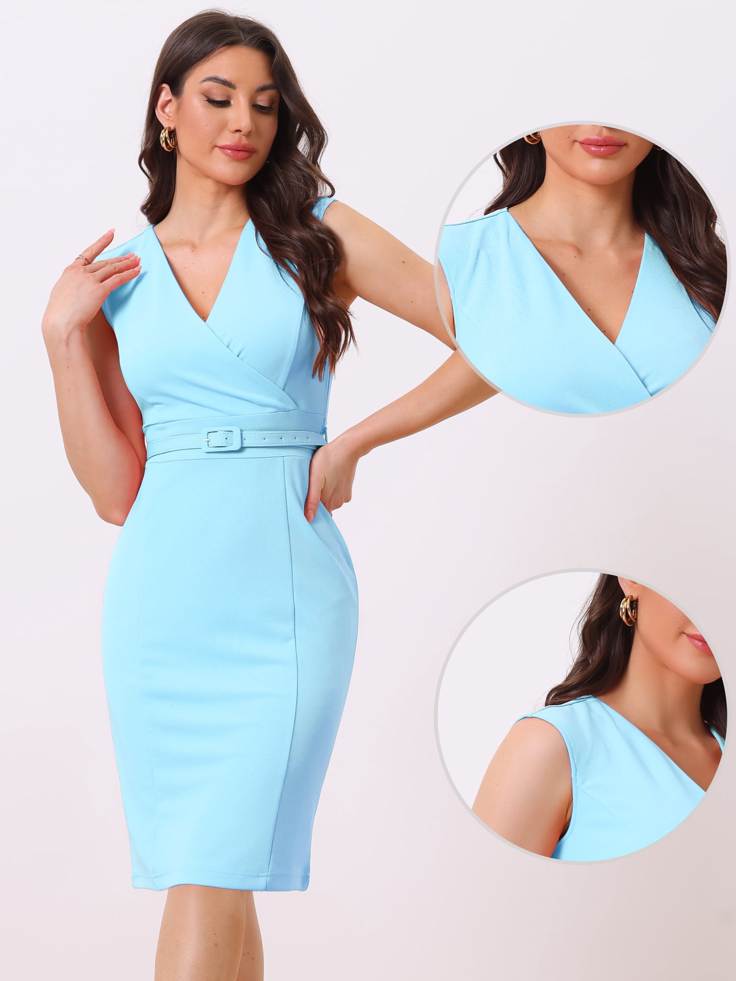 DARING DIVA Pencil Sleeveless Wrap V Neck Belted Office Dresses L Light Blue