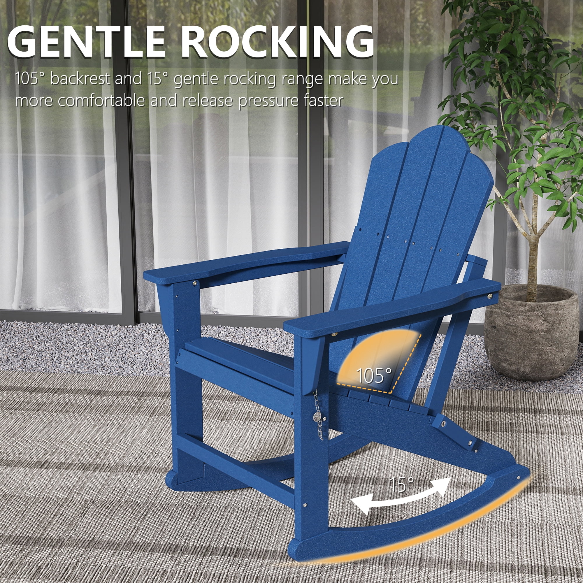 FOOWIN Folding Rocking Adirondack Chair Set of 2, HDPE Plastic Rocking Chairs for Patio Porch Rocker Chair, Navy Blue