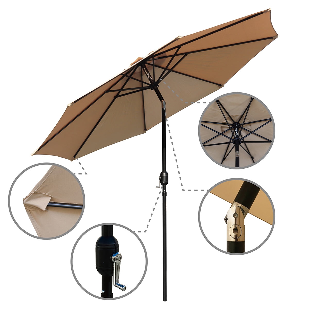 Kool Outdoor 9ft Patio Umbrella with Crank Handle and Push Button Tilt, Outdoor Market Umbrella with 8 Ribs - Tan