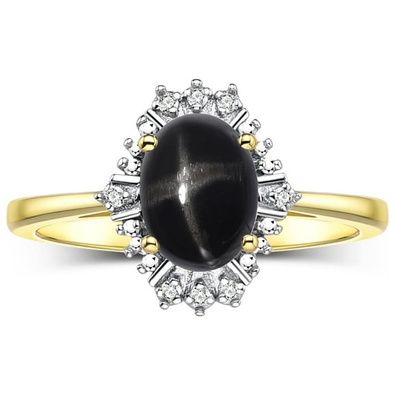 RYLOS Rings for Women Gold Plated Silver Ring with 7X5MM Oval Gemstone & Sparkling Diamonds Black Star Sapphire Jewelry Size 5