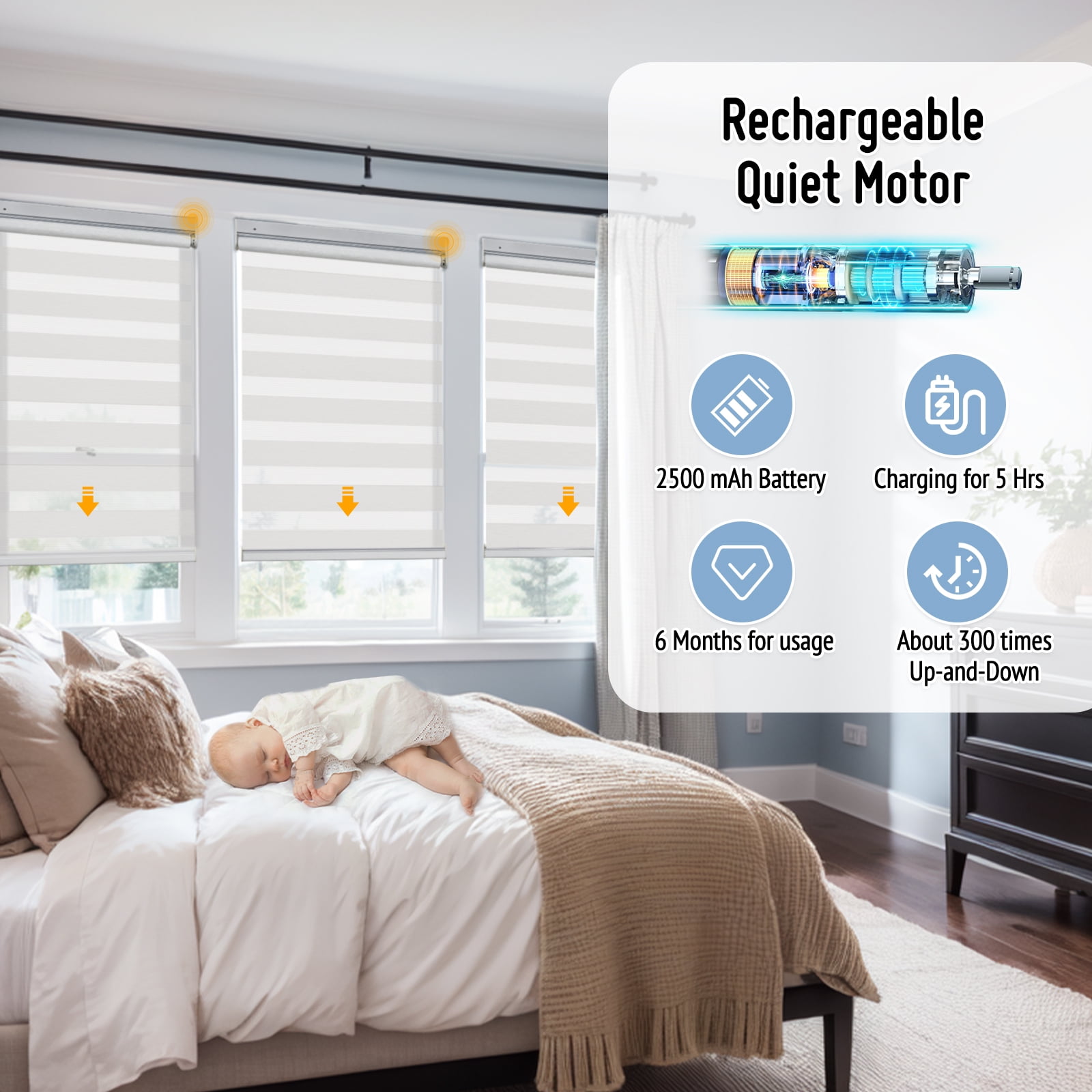 Keego No Drill No Tool Motorized Zebra Shades Blinds Remote Control Dual Layer Roller Shades Blackout Window Treatment - Apricot, 32"W x 56"H