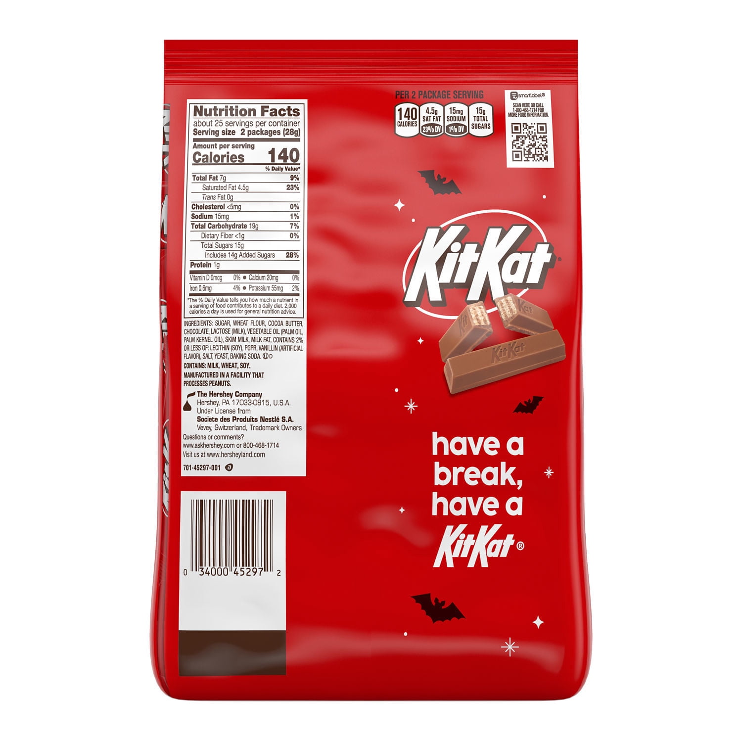 Kit Kat Milk Chocolate Wafer Snack Size Halloween Candy, Bag 24.99 oz, 50 Pieces
