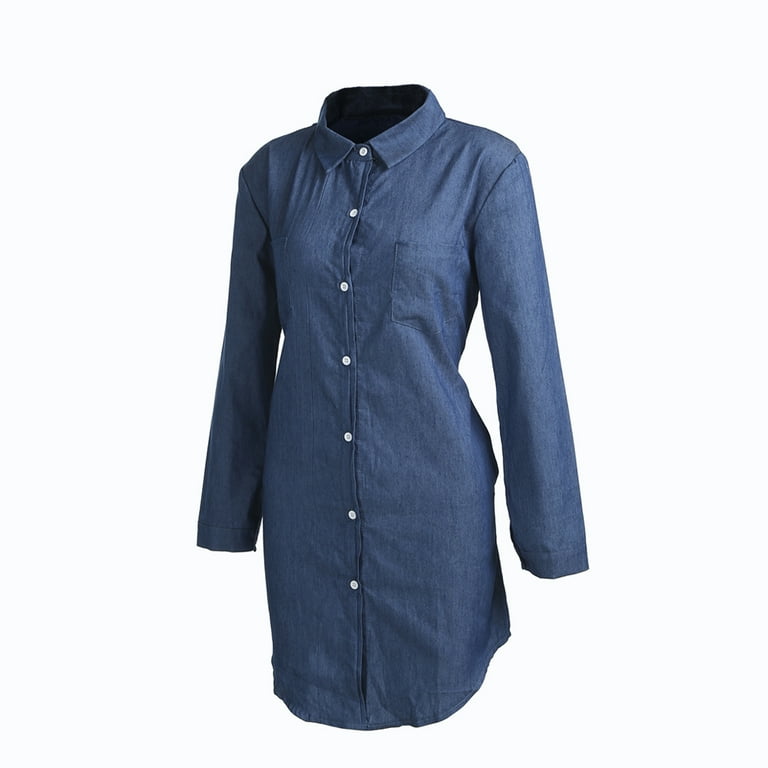 Women's Blue Denim Dress T-Shirt Long Sleeve Pocket Button Casual