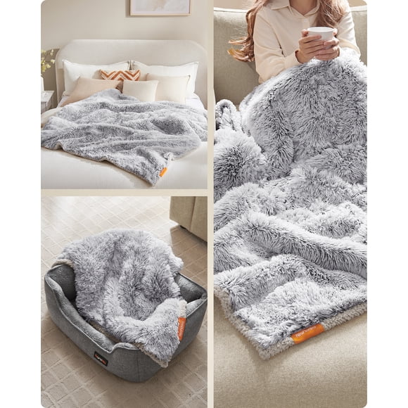 Waterproof Dog Blanket, Long Plush Pet Blanket for Medium and Large Dogs, Cats, 60 x 50 Inches, XL, Sherpa Fleece, Double Sided, Reversible Dog Couch Cover, Gray Ombré