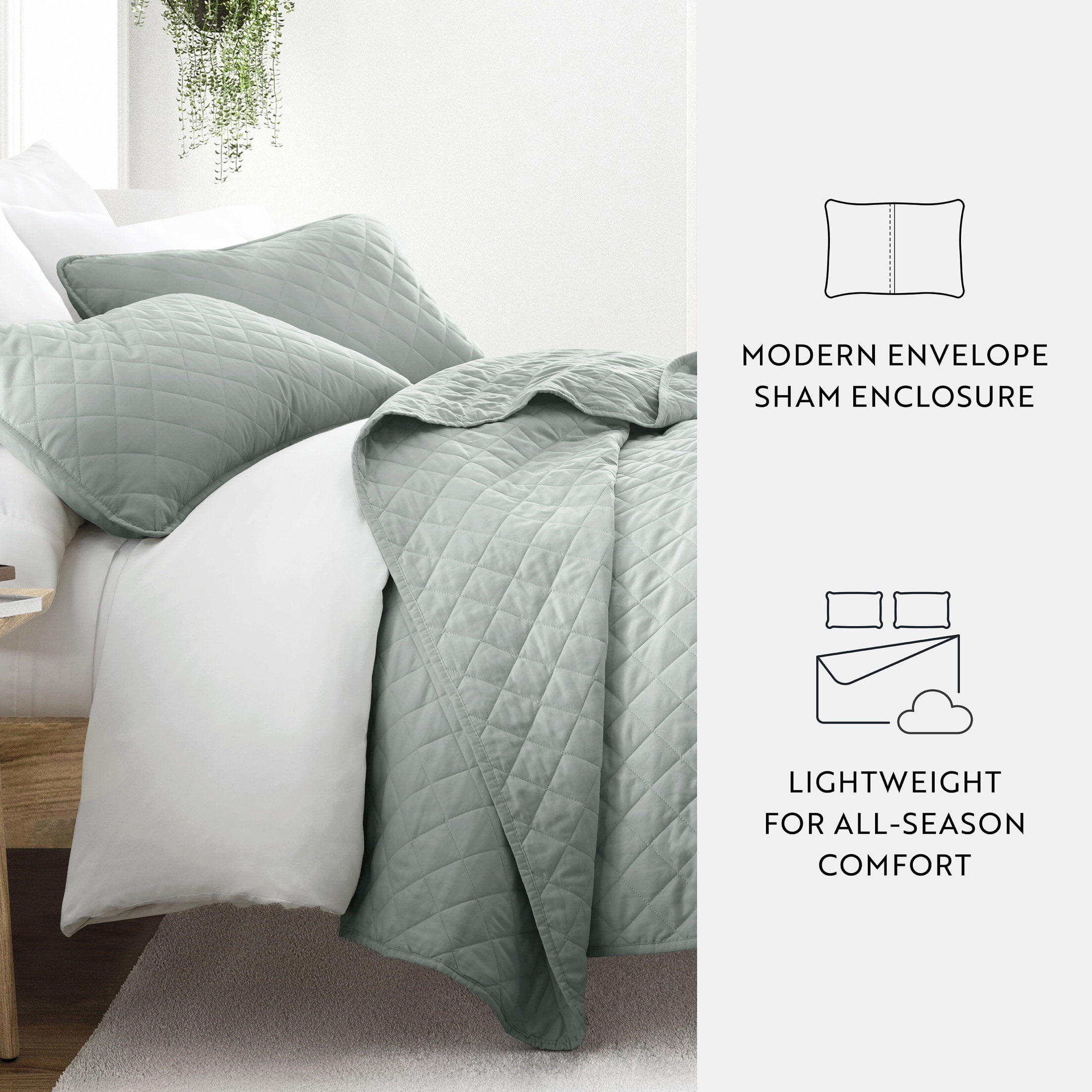 Noble Linens 3-Piece Eucalyptus Diamond Quilt Set, Full/Queen