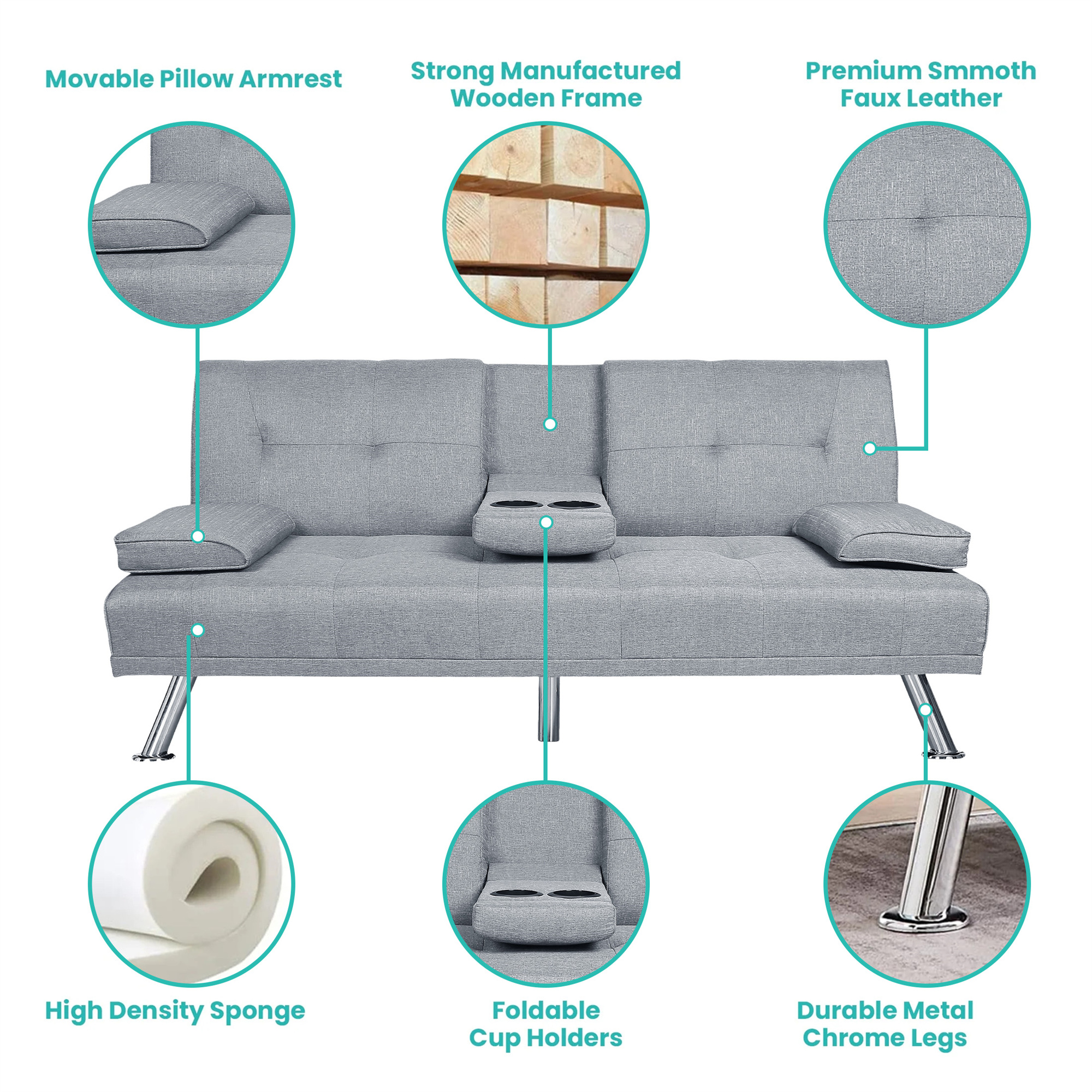 Aukfa Tufted Futon Convertible Sofa Bed for Home Office, 2 Cup Holders, Linen, Light Gray