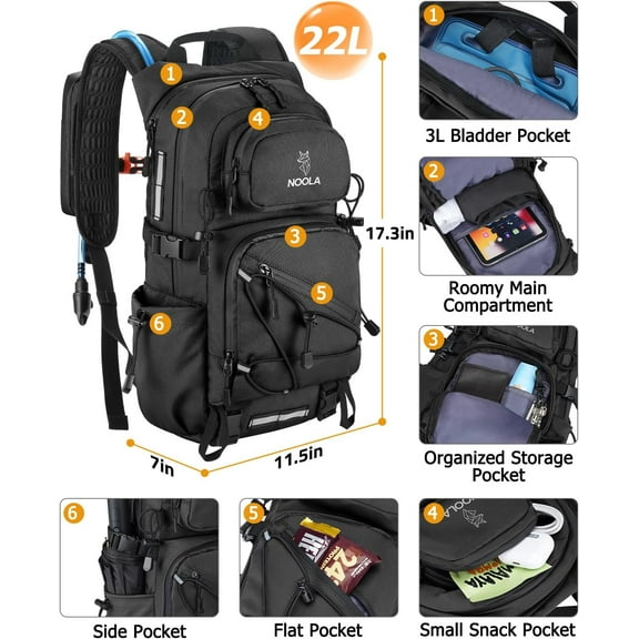 Hydration Backpack with 3L Water Bladder, 22L Water Backpack for Hiking Cycling Running Biking, Lightweight Hiking Pack (Black)