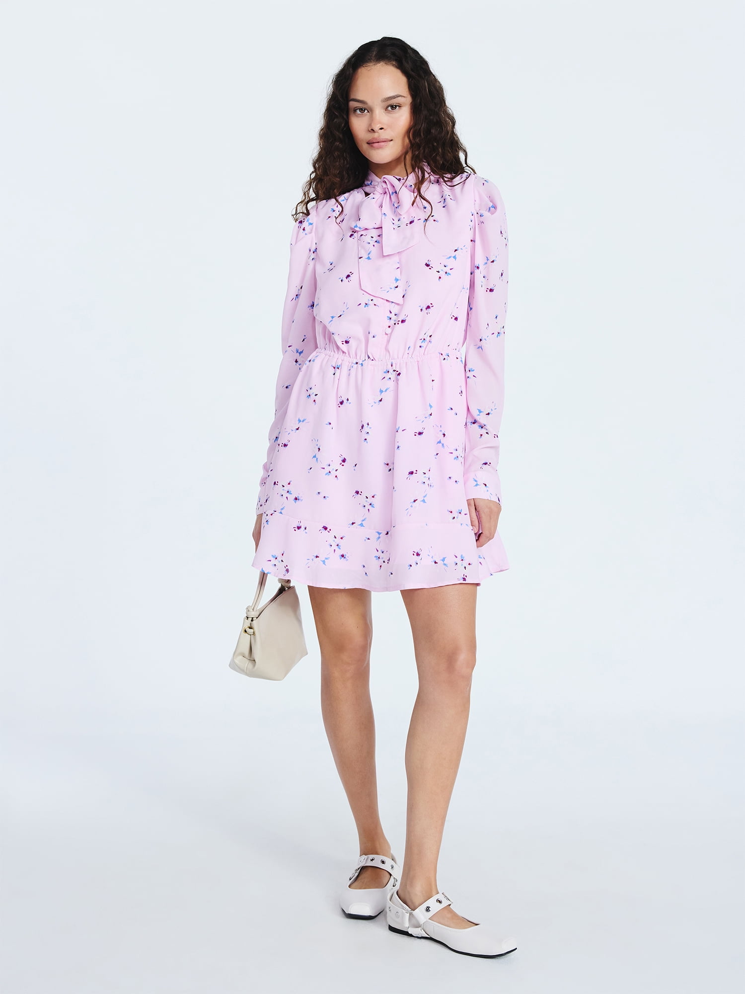 Scoop Women's and Women's Plus Tie Neck Mini Dress with Long Sleeves, Sizes XS-4X