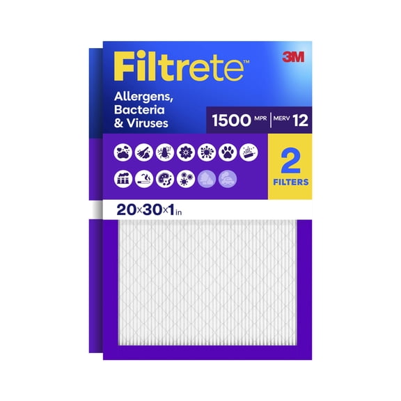 Filtrete 20x30x1 HVAC Furnace Air Filter, MPR 1500 MERV 12, Allergen, Bacteria and Virus, 2 Filters