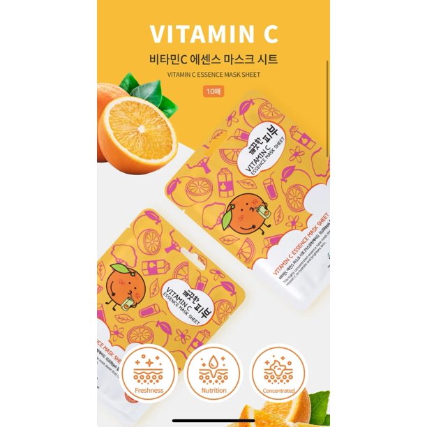 esfolio Hoja de máscara de esencia de vitamina C - Máscara facial hidratante Cuidado de la piel coreano rico en antioxidantes para una piel radiante y brillante Máscara de hoja hidratante profunda par