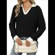thumbnail image 2 of Suéteres de Cuello en V para Mujer, Jersey con Bloques de Color, Mangas Largas, Corte Holgado, Estilo Informal, Tipo Túnica, Camisetas. Negro XXL, 2 of 10