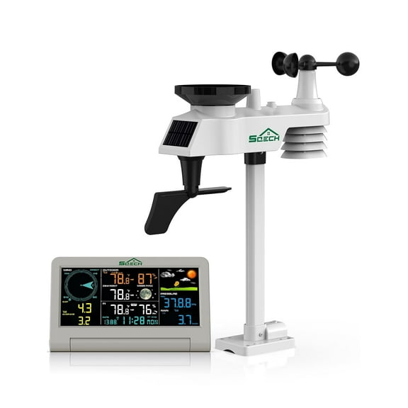 SQECH Weather Station,Weather Stations Wireless Indoor Outdoor with 7-in-1 Outdoor Sensor,Home Weather Station with Weather Forecast,Temp&Humidity,Rain Gauge,Wind,Moon Phase,Calendar,Alarm Clock