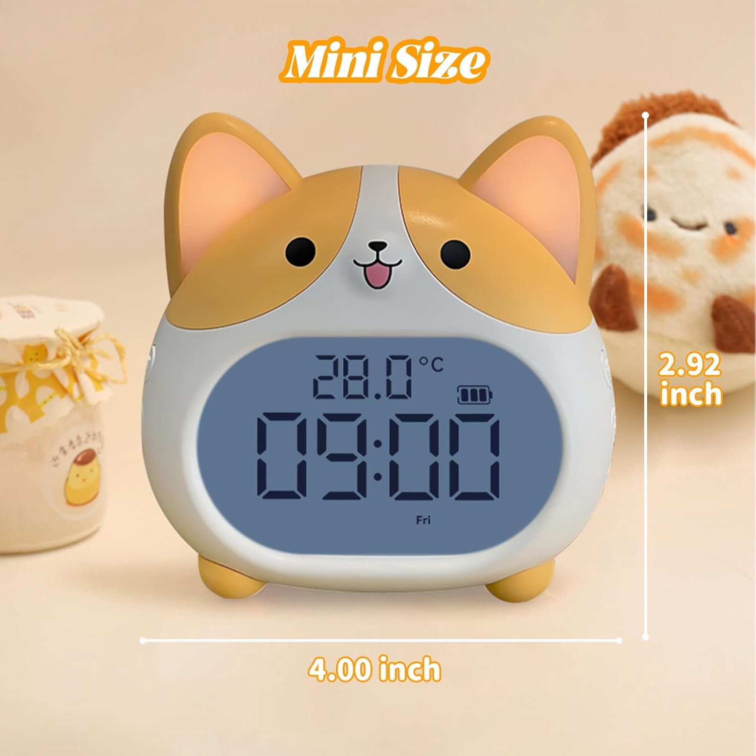 Alarm Clocks for Kids, Cute Corgi Clock with Night Light, 6 Alarm Tones, Snooze, Timer, Date and Temperature Display - Rechargeable Battery Operated Digital Clocks for Bedroom Kids Room
