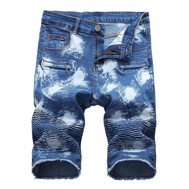 Cameland Men's Ripped Denim Trunks Stretchy Washed Jeans Trunks Cut-off Classic Fit Biker Jeans Trunks