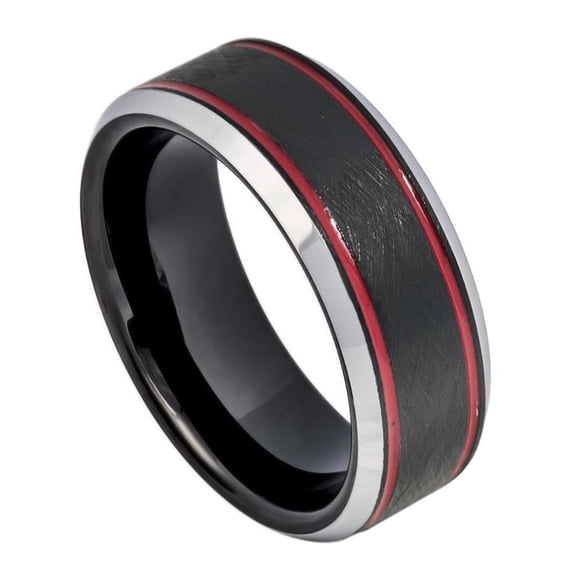Custom Personalized Engraving Wedding Band Ring Set for Him & Her - 8mm Charcoal Gray IP Plated Ice Finish with 2 Red Stripes on 2 sides, Beveled Edge
