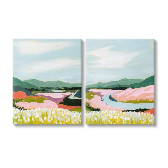 Stupell Industries Mountain Valley Meadow Landscape Painting Gallery Wrapped Canvas Art Print Wall Art, 16 x 20, Set of 2
