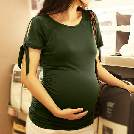 

Fidelma Maternity Blouse Short Sleeve Side Ruched Pregnancy Top Side Tie Bow Women Maternity Shirt Army Green-M