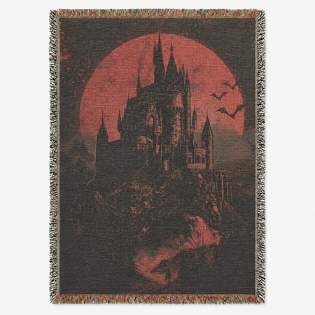 Gothic Castle and Red Moon Woven Throw Blanket 100% Cotton with Fringed Edges Home Decor