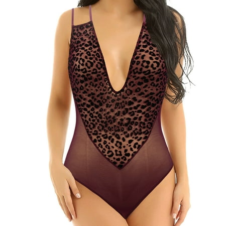 Curve Muse Women s Lingerie Lace Babydoll V Neck One Piece Mesh Bodysuit Nightwear-WINE-M